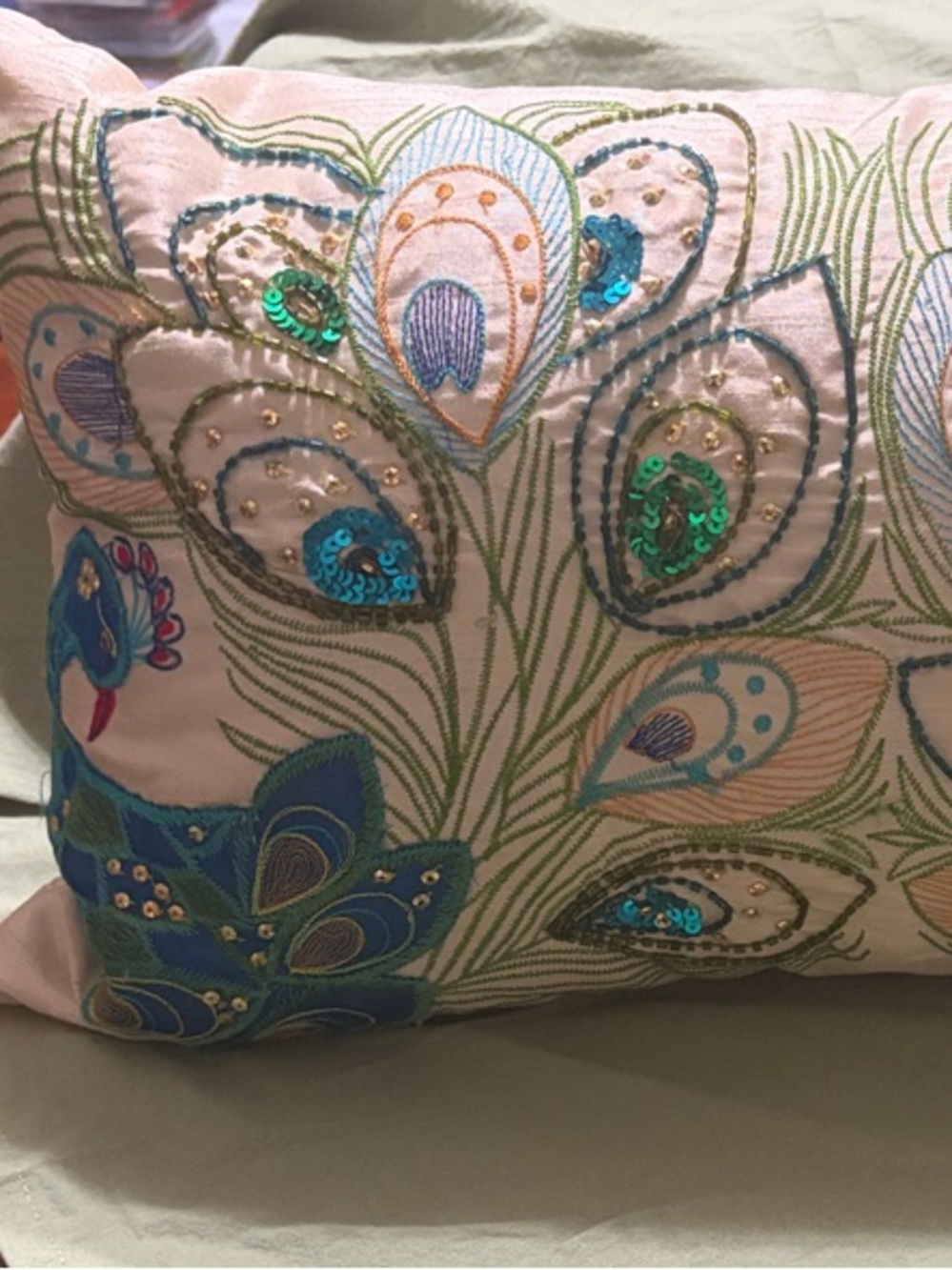 Pier 1 Embroidered Peacock Motif Accent Pillow - Cream, Teal, Blue, Green